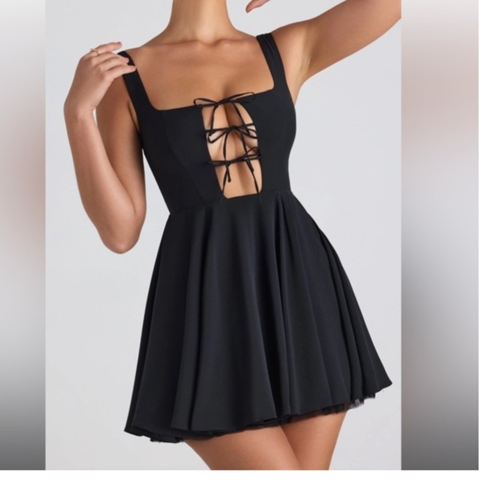 Oh Polly Nanisca Black Tie Detail A-Line Micro Mini Dress Tulle Hem Size 4 NEW